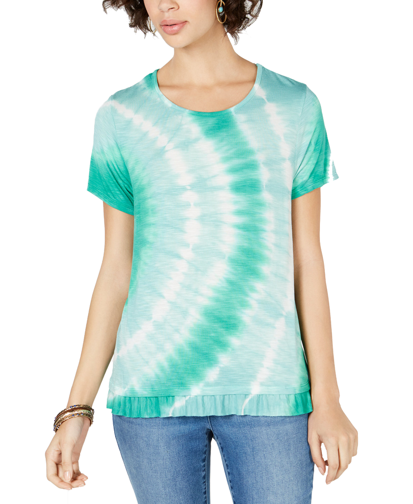 Style & Co Petite Ruffle Hem Tie Dye Top Radial Green