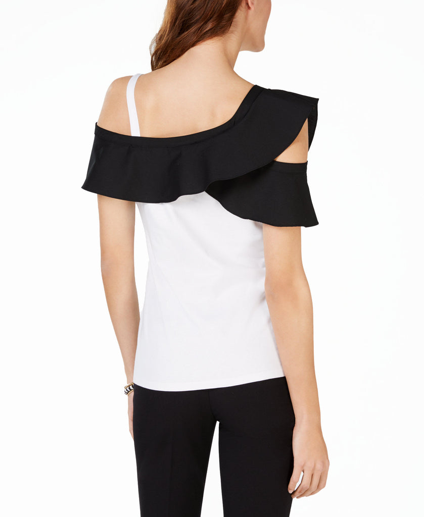 INC International Concepts Women Colorblocked Ruffle Cold Shoulder Top