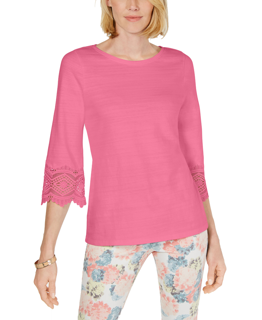 Charter-Club-Petite-Lace-Sleeve-Top-Pink-Gemstone