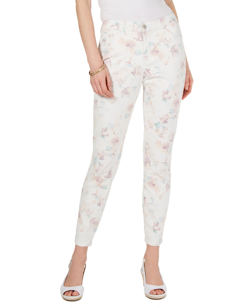Style & Co Women Floral Print Skinny Jeans Cream