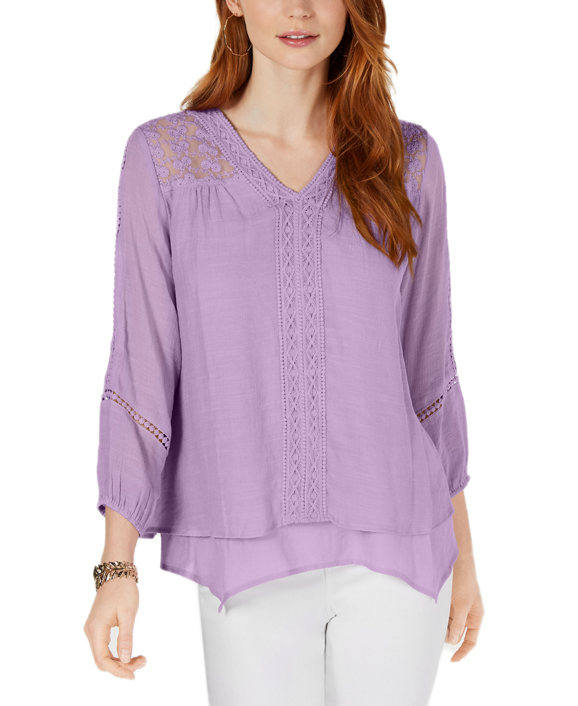 Style & Co Women Petite Layered Hem Crochet Woven Top Lavender Sprig