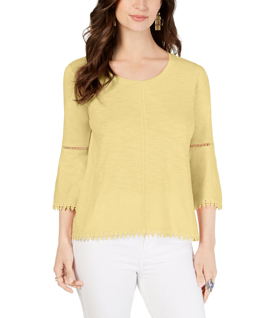 Style & Co Women Petite Crochet Trim Bell Sleeve Top Soft Sun