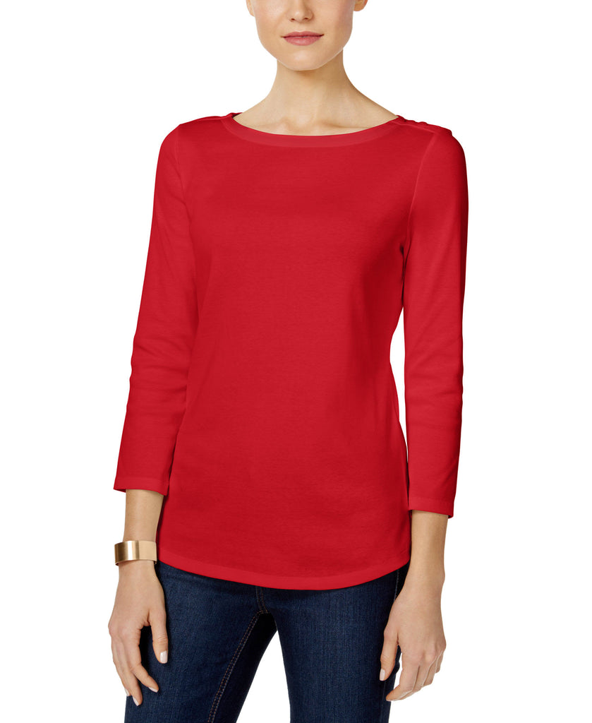 Charter Club Women Pima Cotton Boat Neck Button Shoulder Top Risky Red