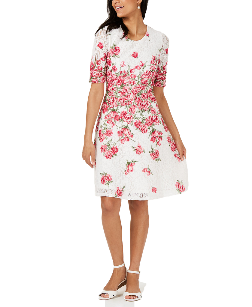 Charter Club Women Floral Print Lace Dress Cloud Combo