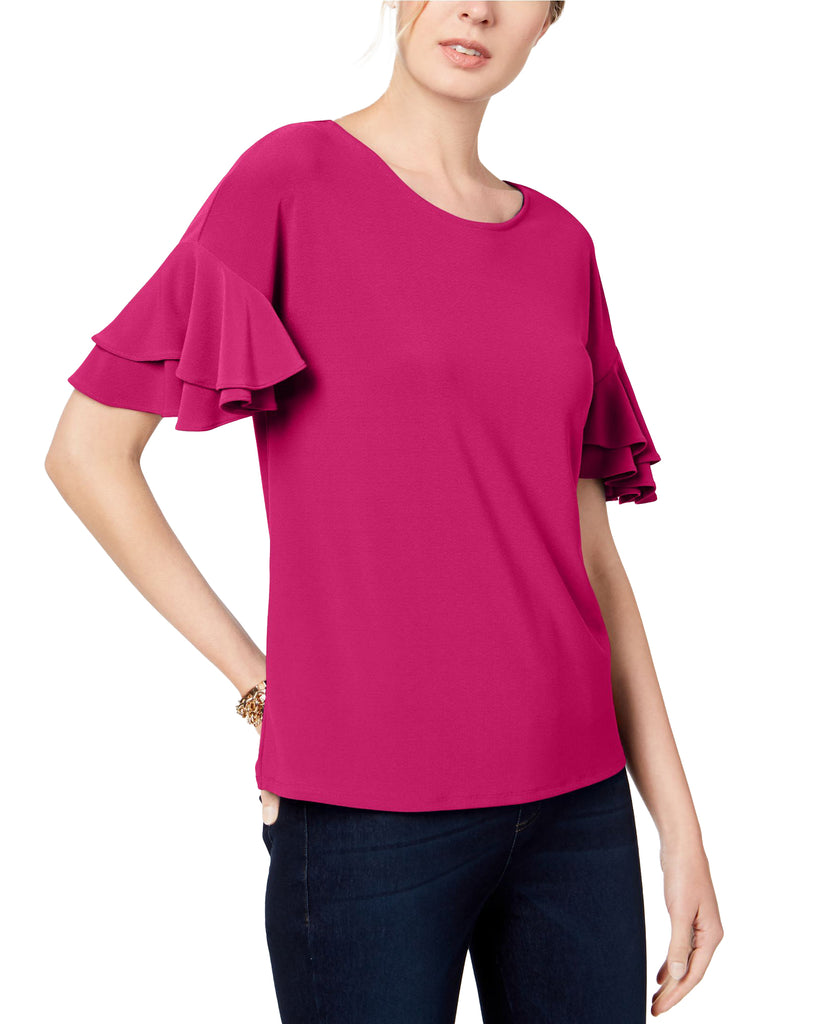 INC International Concepts Women Ruffled Sleeve Top Pink Peacock