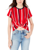 Polly & Esther Juniors Striped Knot Front Cropped T Shirt Red navy