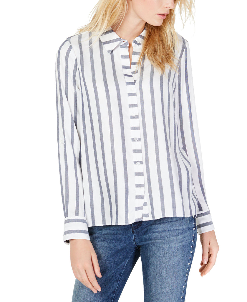 INC International Concepts Women Metallic Stripe Shirt Blue Stripe