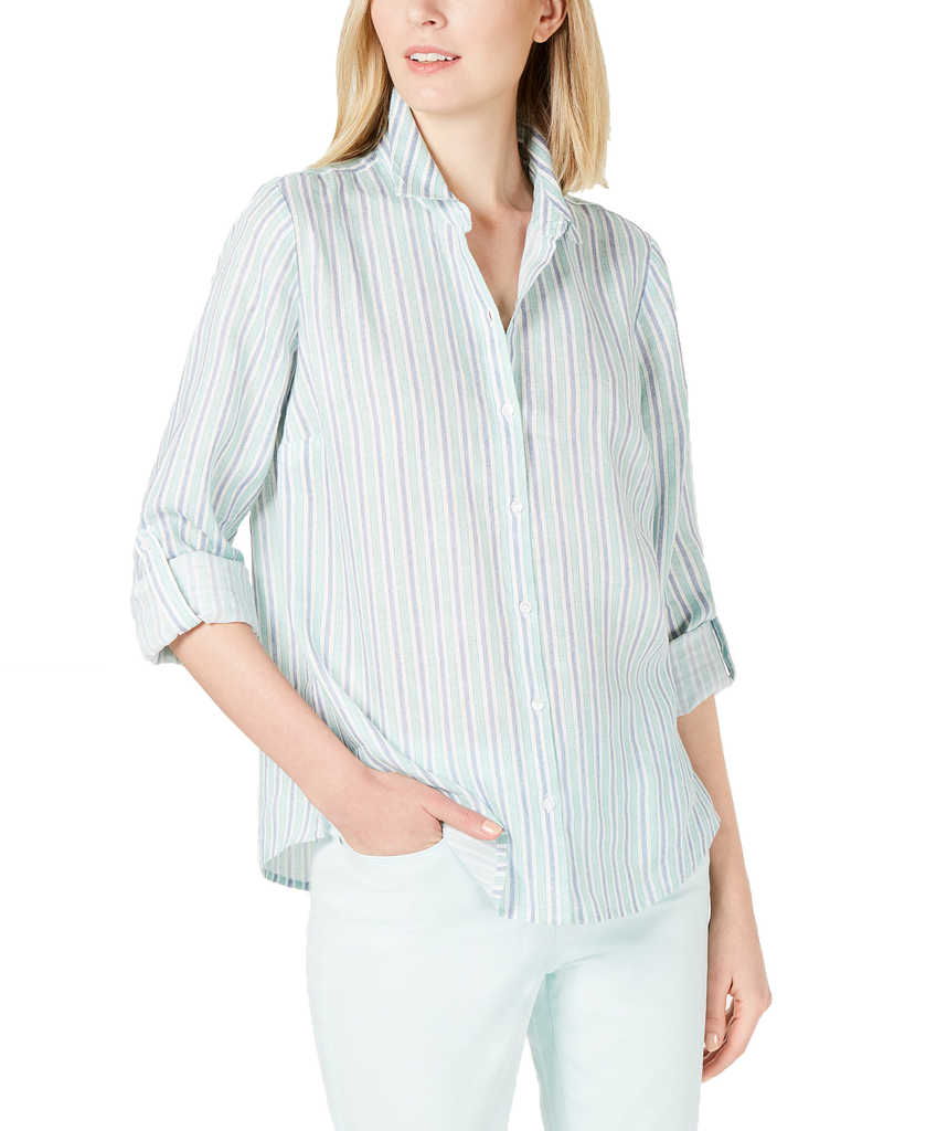 Charter Club Striped Linen Button Up Top Bright White Combo