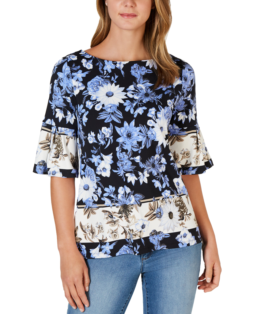 Charter Club Petite Floral Print Bell Sleeve Top Blue Star Combo