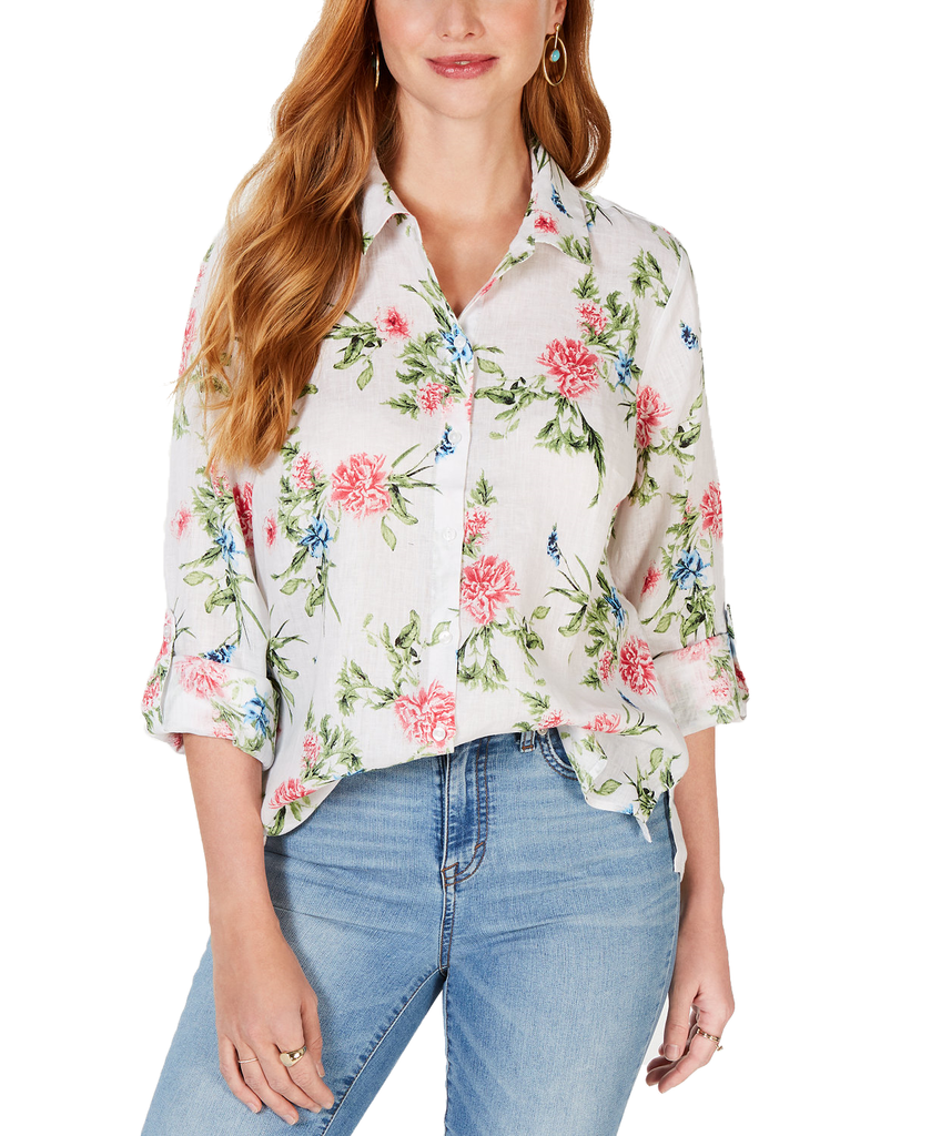 Charter Club Linen Printed Roll Tab Blouse Bright White Combo