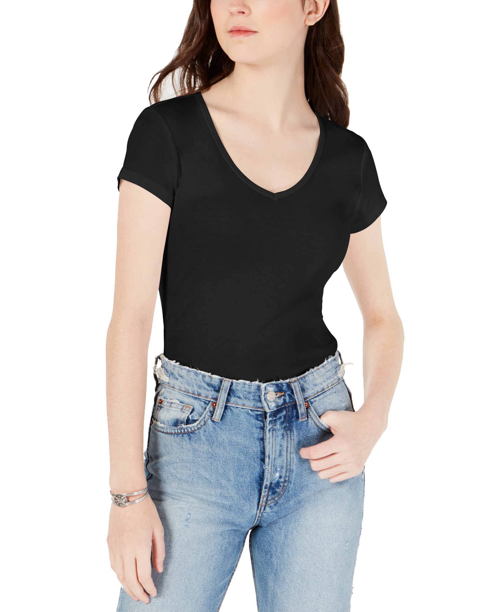 Ultra Flirt Women Cotton V Neck Baby T Shirt Black