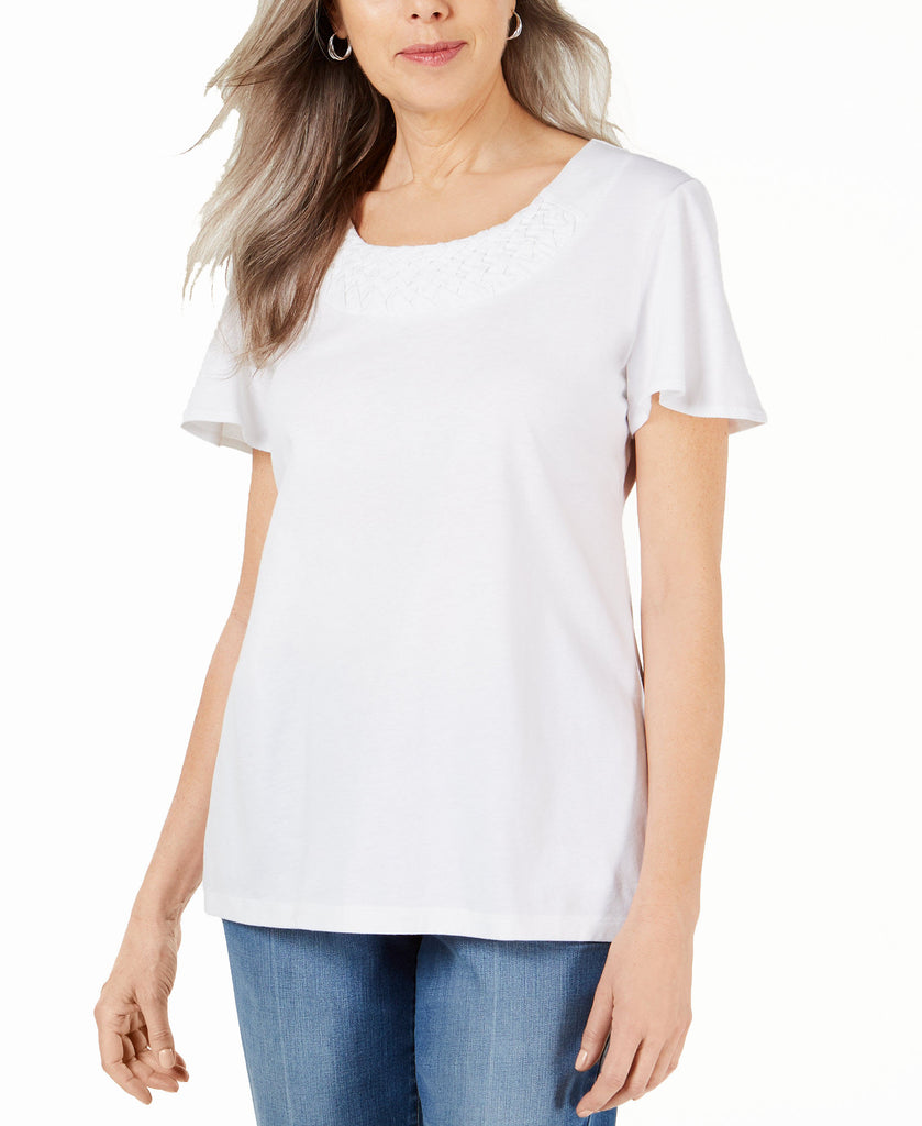 Karen Scott Women Basketweave Trim Flutter Sleeve Top Bright White