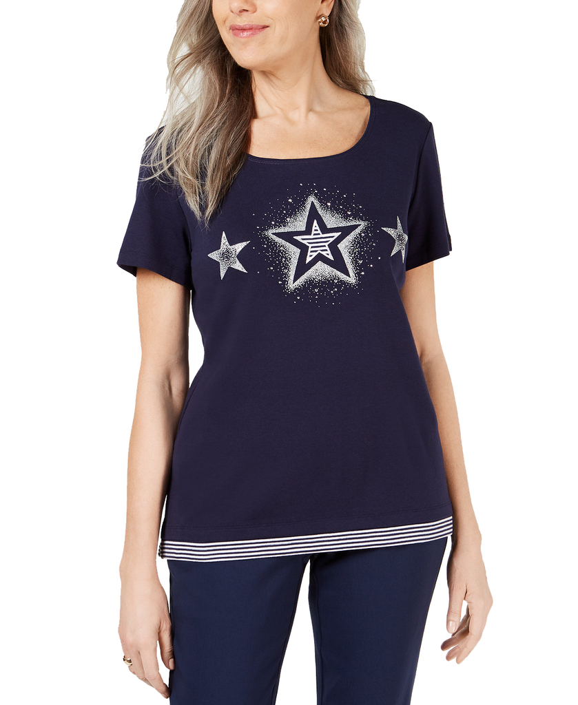 Karen Scott Women Petite Cotton Striped Star T Shirt Intrepid Blue