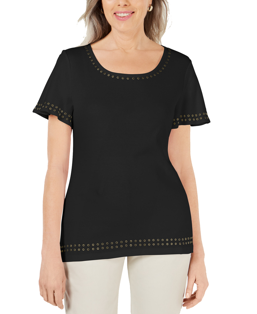 Karen Scott Women Grommet Trim Flutter Sleeve Top Deep Black