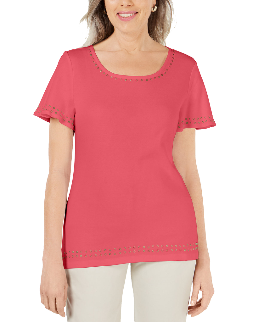 Karen Scott Women Grommet Trim Flutter Sleeve Top Peony Coral