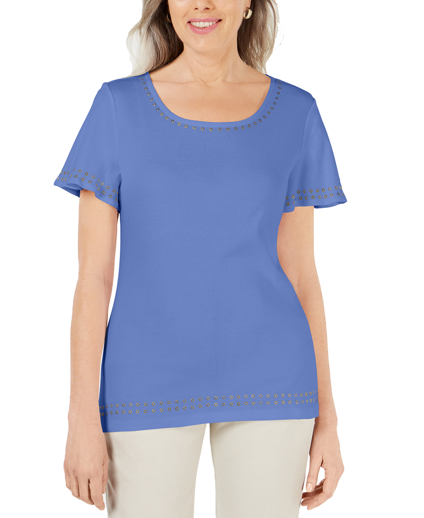 Karen Scott Women Grommet Trim Flutter Sleeve Top Starlit Perri