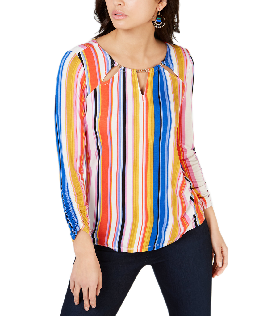 Thalia Sodi Women Embellished Neck Printed Top Narrow Multi Stripe