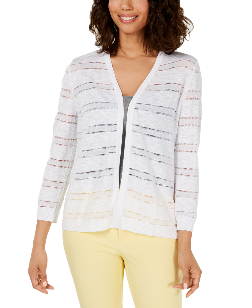 Charter Club Pointelle Striped Cardigan Bright White