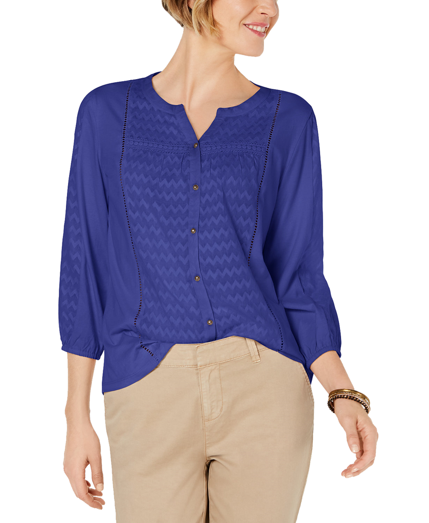 Style & Co Women Ladder Trim Bubble Sleeve Top Sapphire Glow