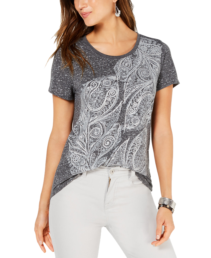 Style & Co Women Graphic Scoop Neck Top Fortune Leaves