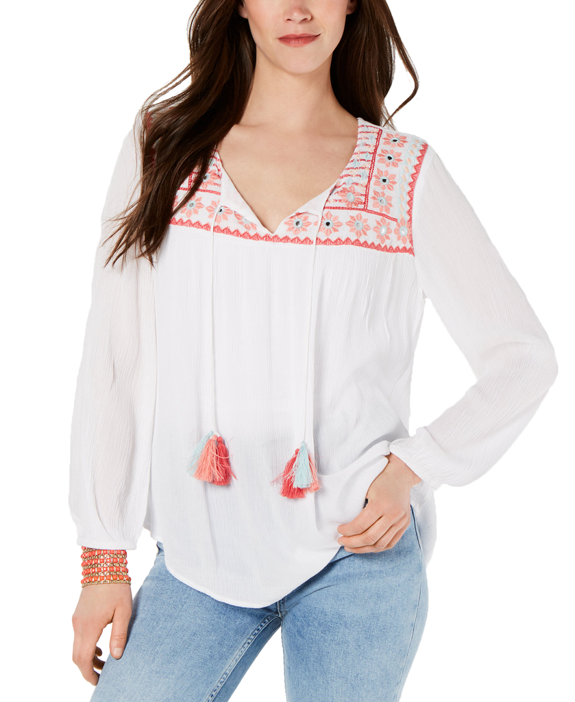 Style & Co Women Embroidered Long Sleeve Top Aquatic Burst