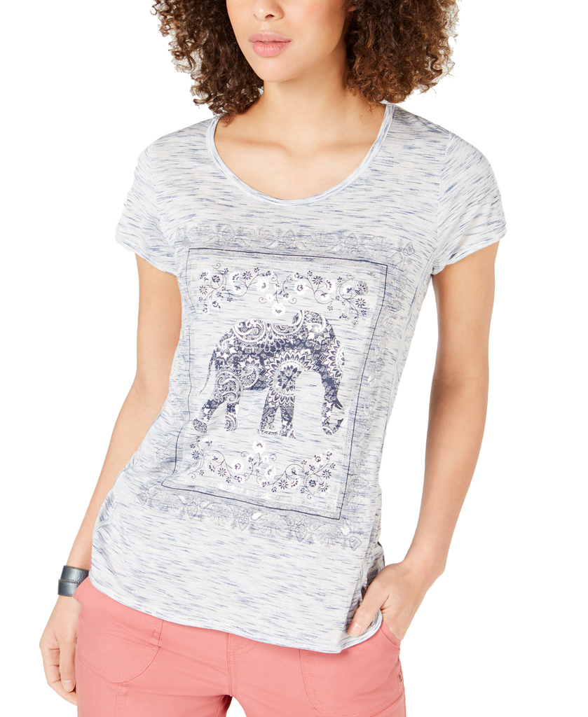 Style & Co Women Elephant Graphic Print T Shirt Garden Elephant