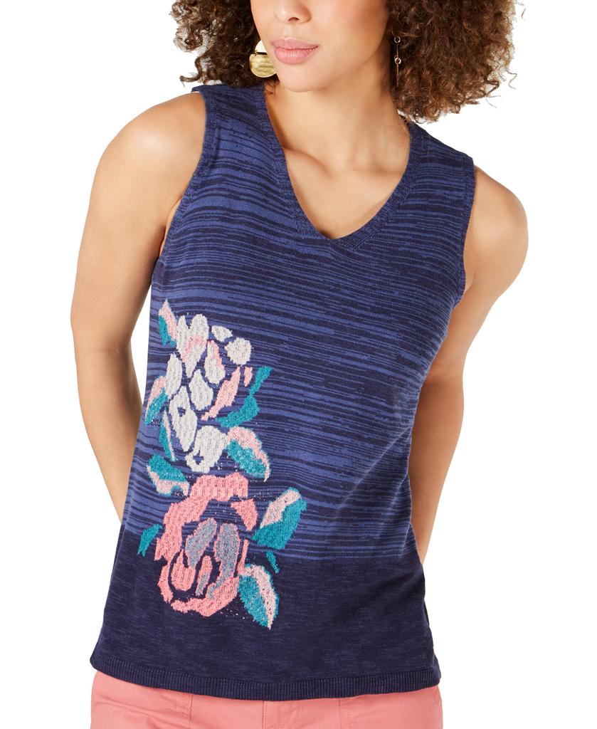 Style & Co Women Sleeveless Printed V Neck Sweater Mod Blooms