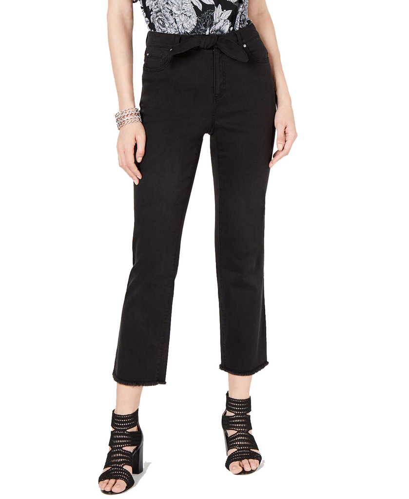 INC International Concepts Women Tie Waist Raw Hem Ankle Straight Jeans in Curvy Washed Black