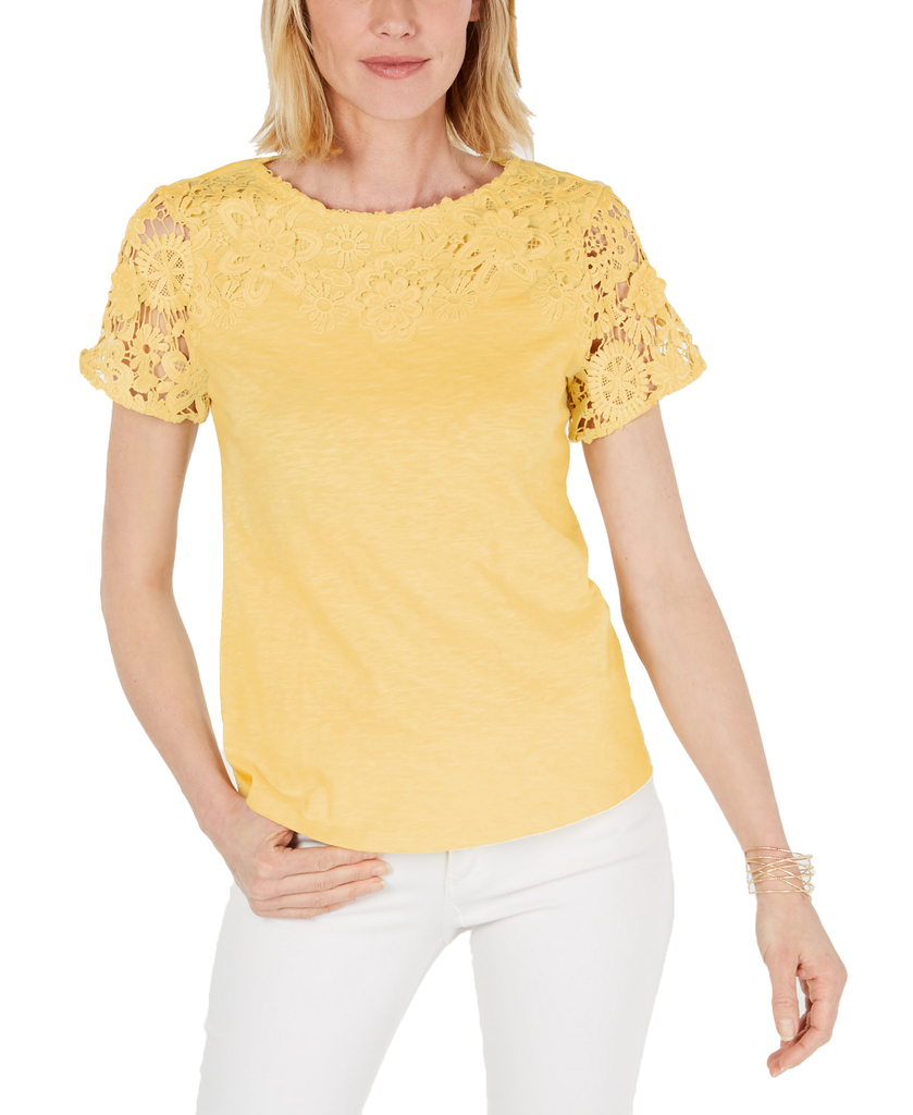 Charter Club Cotton Lace Embellished T Shirt Citron Aura