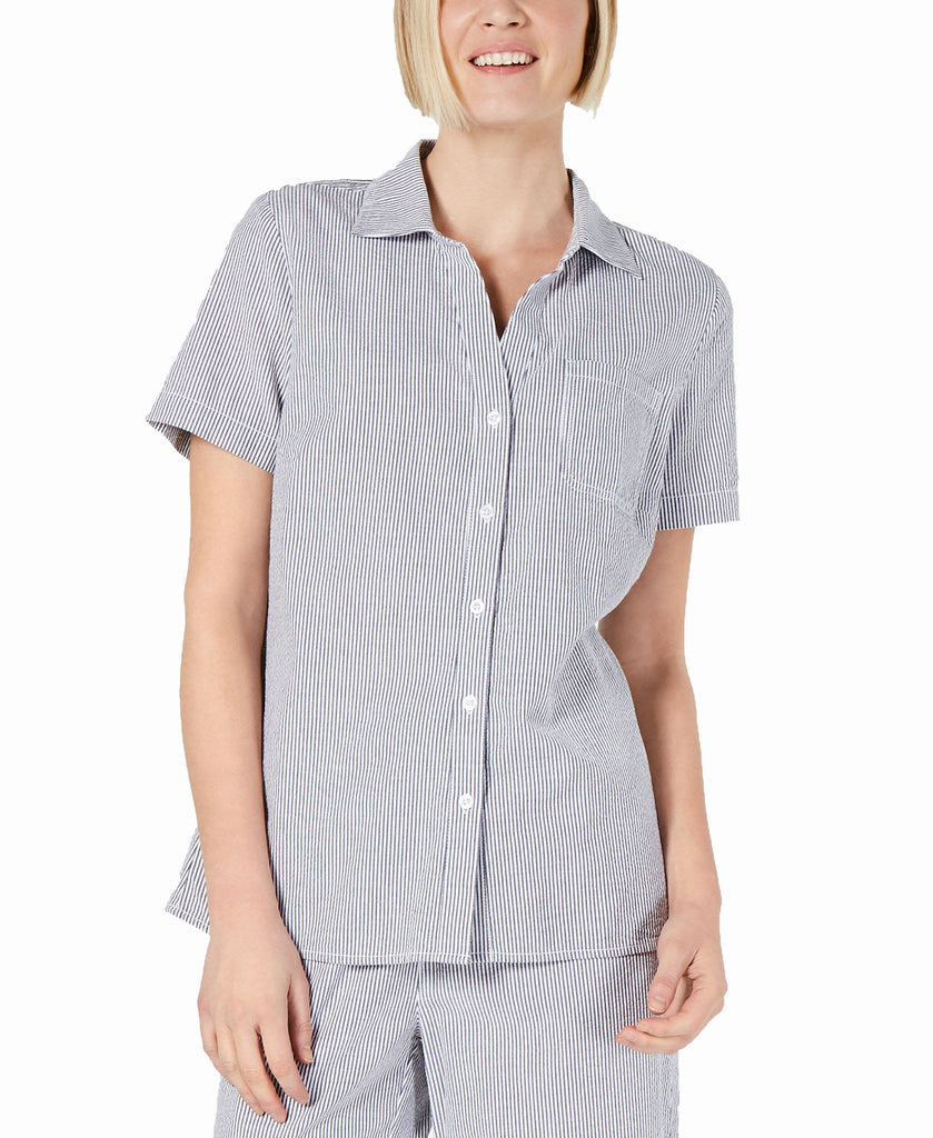 Karen Scott Women Cotton Short Sleeve Seersucker Shirt Intrepid Combo