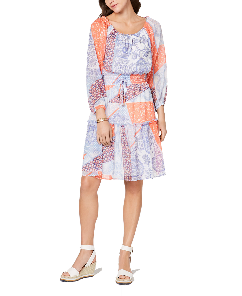 Tommy Hilfiger Women Patchwork Print Ruffled Dress Sky Blue & Bloom