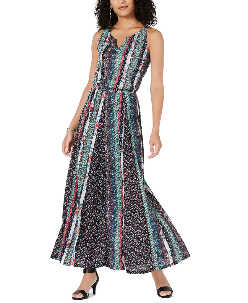 Style & Co Printed Split Neck Sleeveless Maxi Dress Garden Stripes