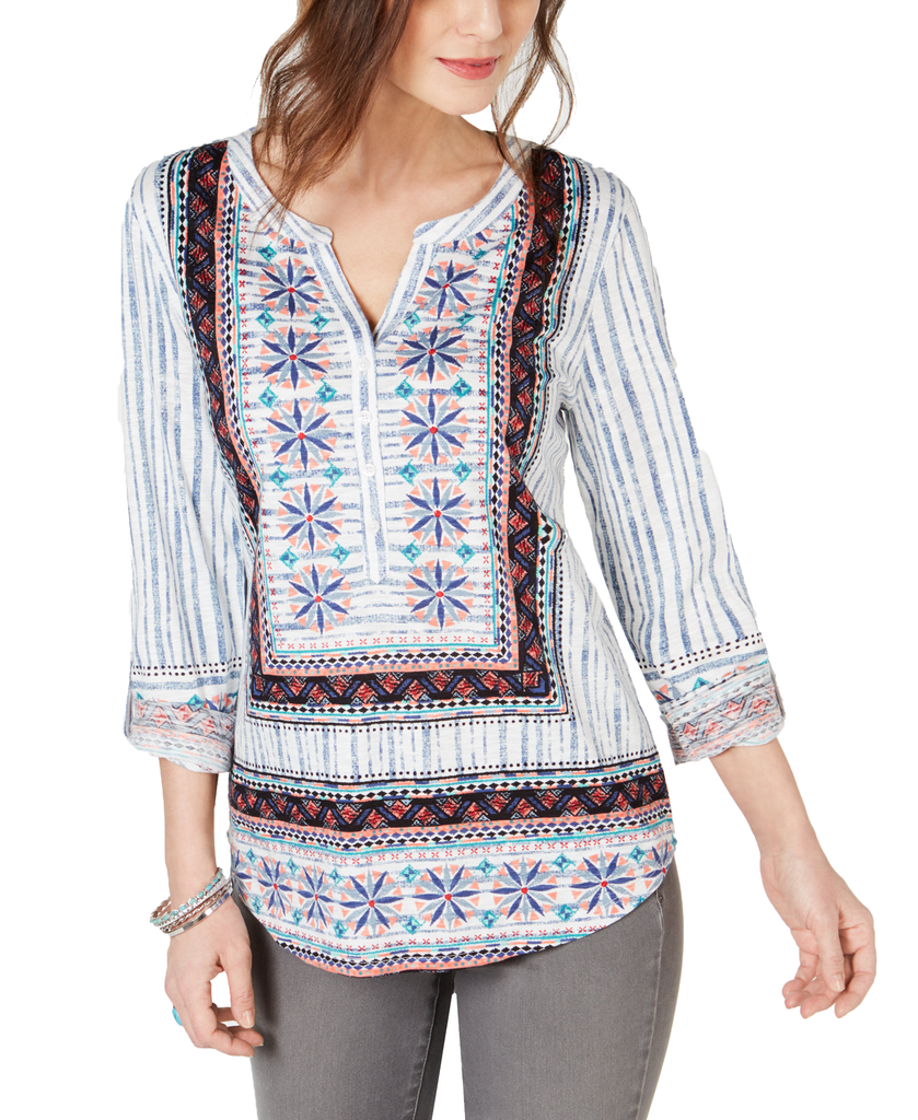 Style & Co Mixed Print Roll Tab Sleeve Top Stripe Delight