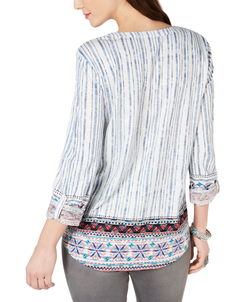 Style & Co Mixed Print Roll Tab Sleeve Top