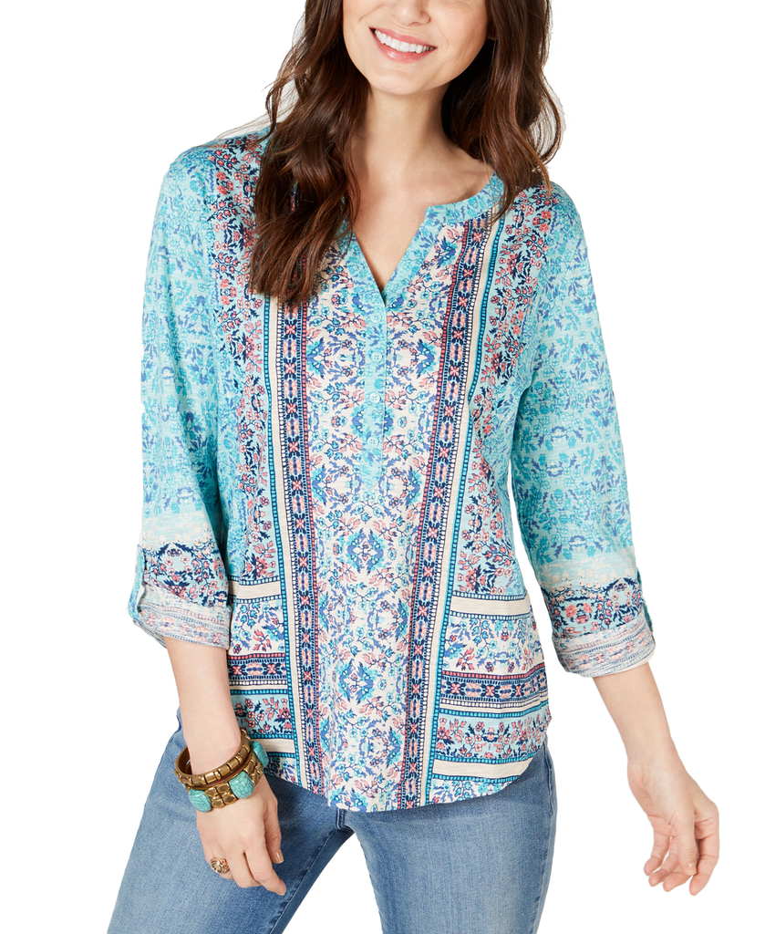 Style & Co Women Printed Button Neck Top Horizon Daze