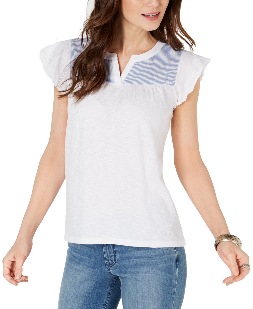 Style & Co Women Contrast Yoke Cotton Top Minute Stripe