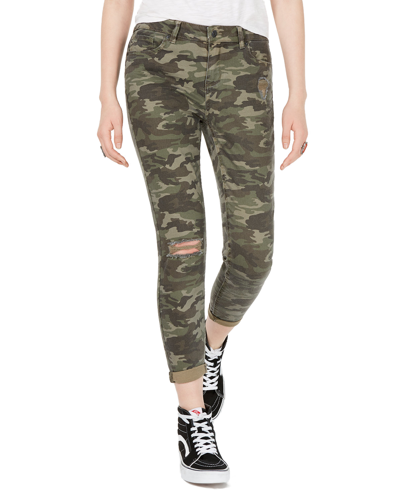 Vanilla Star Women Ripped Camo Cropped Skinny Jeans Camo