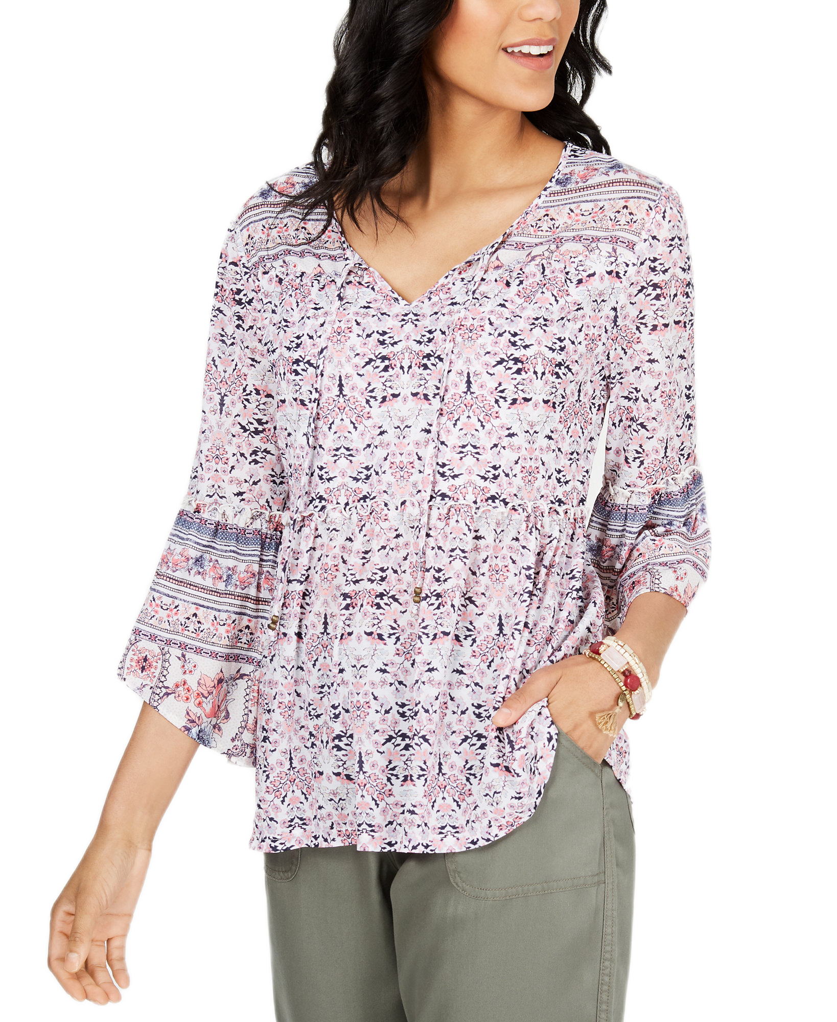 Style-&-Co-Women-Petite-Printed-Mesh-Lantern-Sleeve-Top-Seascape-Garden-Pink