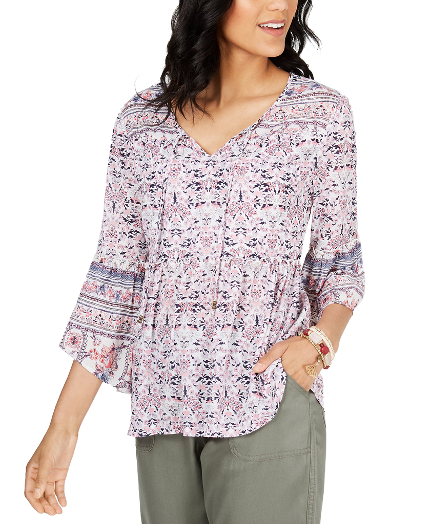 Style & Co Women Mesh Lantern Sleeve Peasant Top Seascape Garden Pink