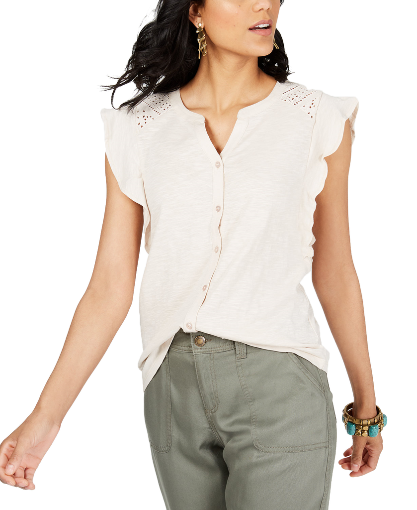 Style & Co Women Eyelet Sleeveless Shirt River Rock