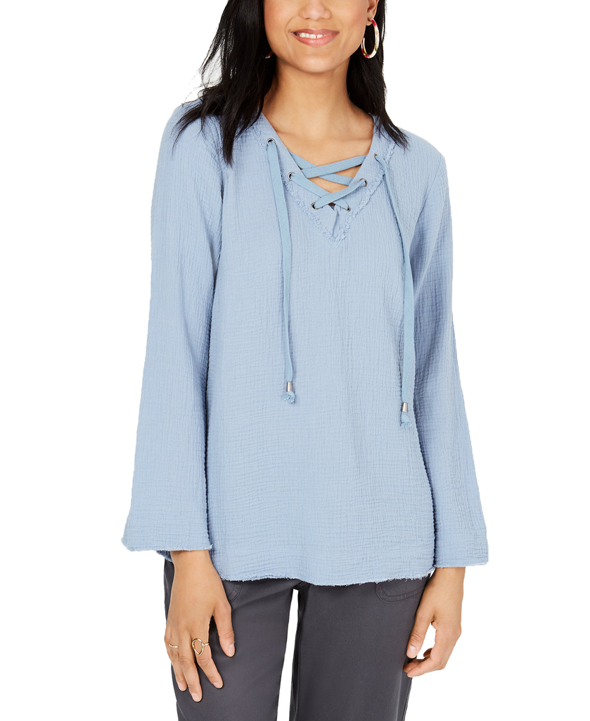 Style & Co Cotton Lace Up Textured Top Blue Fog