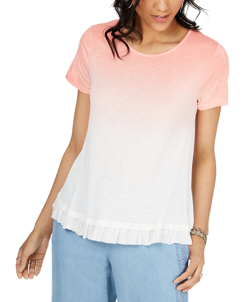 Style & Co Women Ombré Ruffled Hem Top Peachberry Ombré