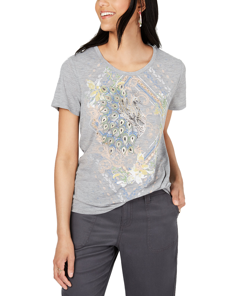 Style & Co Women Peacock Graphic T Shirt Peaceful Peacock