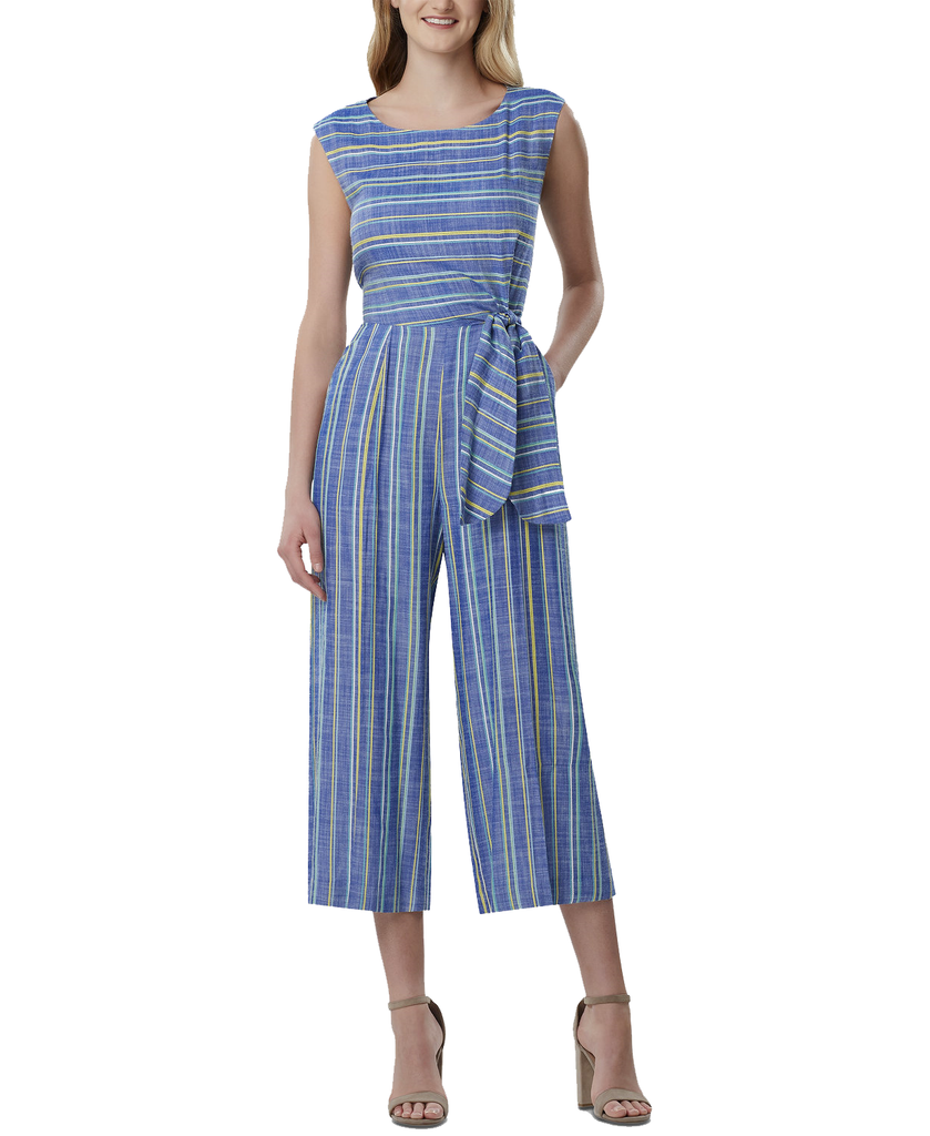 Tahari ASL Women Striped Cropped Jumpsuit Blue Yellow