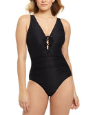 Swim Solutions Women Solid Textured Lace Front One Piece Swimsuit Black