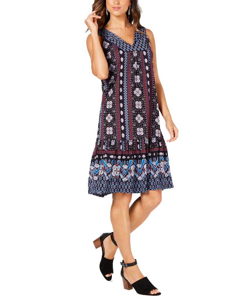 Style & Co Women Petite Geo Print Flounce Dress Geo Medley Ink