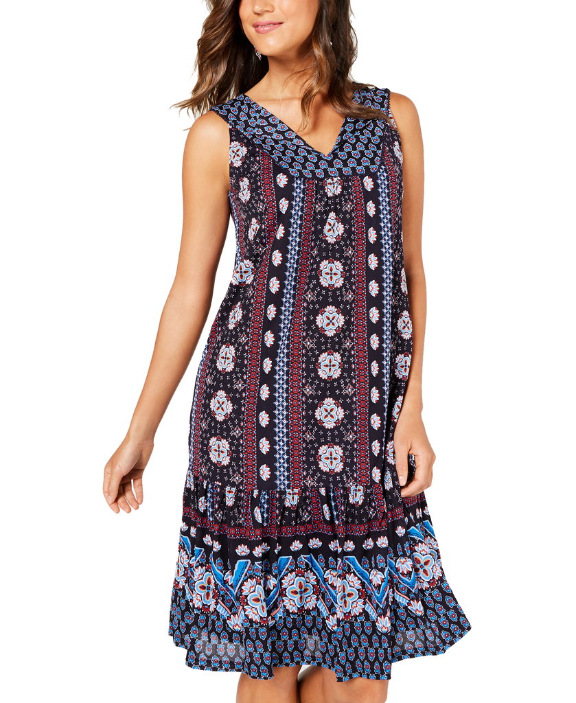 Style & Co Women Geo Medley Printed Flounce Hem Dress