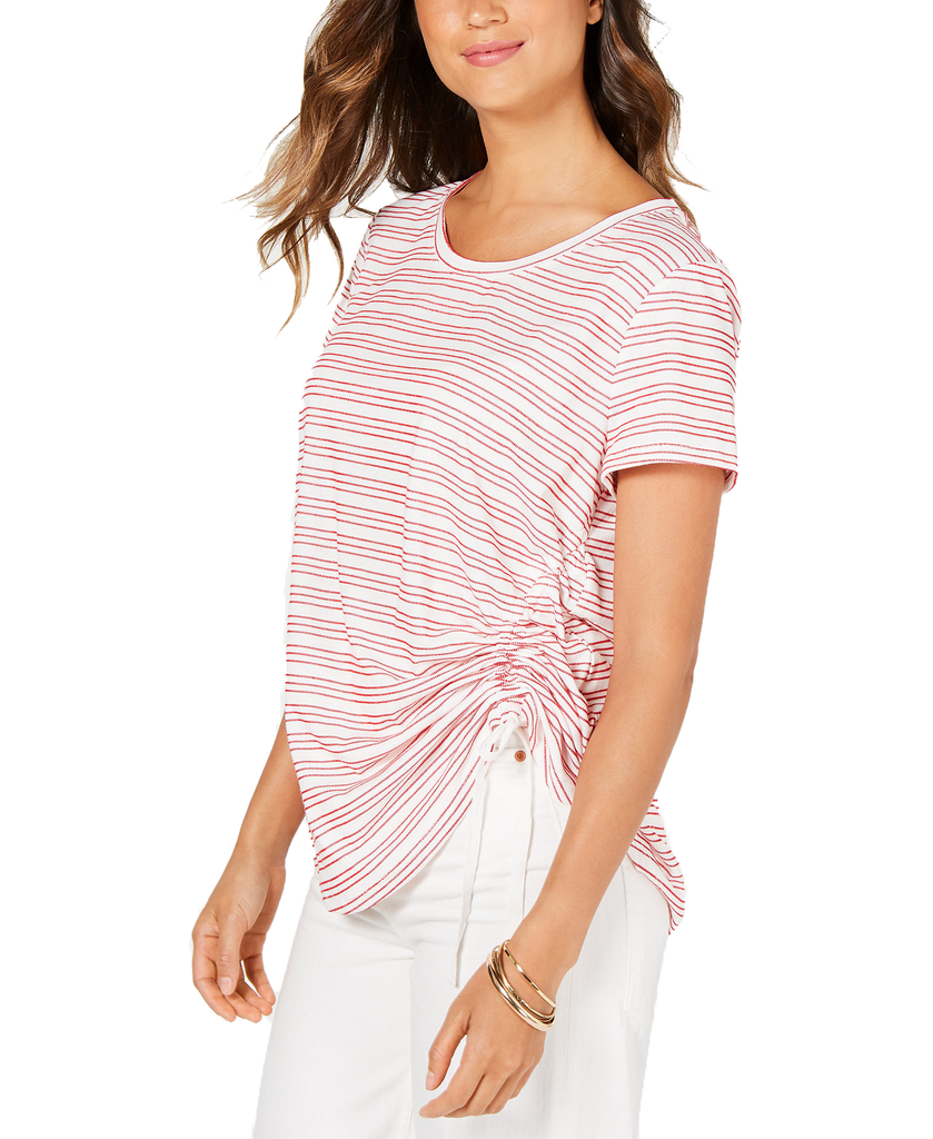 Style & Co Women Striped Side Ruched Top Ticking Stripe Red