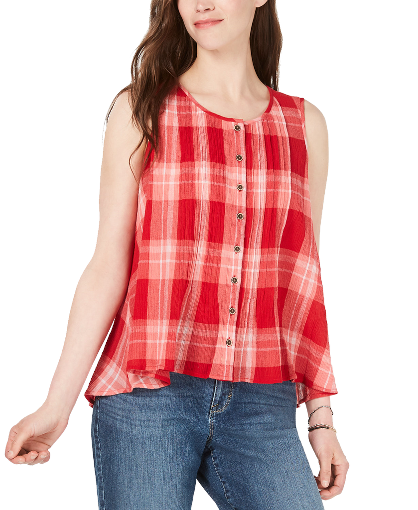 Style & Co Women Cotton Plaid Shirt Summer Check