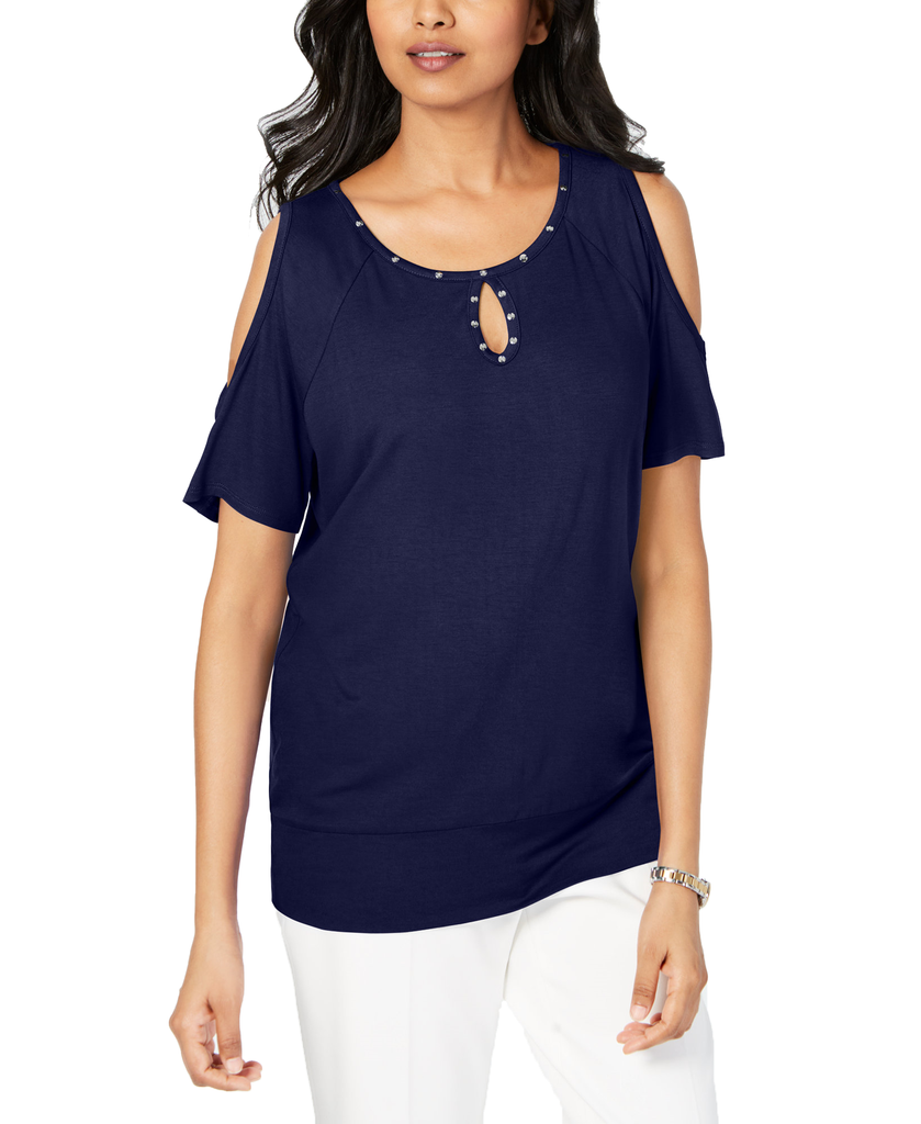 JM Collection Women Studded Cold Shoulder Top Intrepid Blue